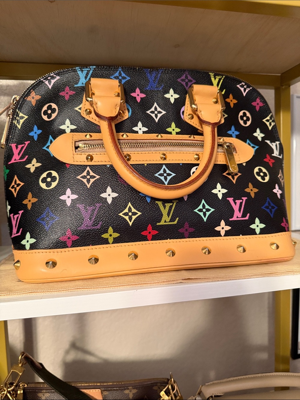 Louis Vuitton Black Multicolor Monogram Alma Handbag with Natural Vachetta Trim